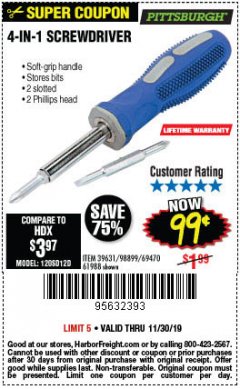 Harbor Freight Coupon 4-IN-1 SCREWDRIVER Lot No. 39631/69470/61988 Expired: 11/30/19 - $0.99