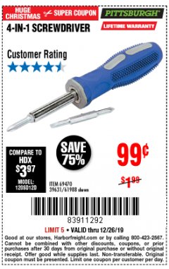 Harbor Freight Coupon 4-IN-1 SCREWDRIVER Lot No. 39631/69470/61988 Expired: 12/26/19 - $0.99