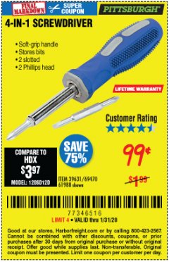 Harbor Freight Coupon 4-IN-1 SCREWDRIVER Lot No. 39631/69470/61988 Expired: 1/31/20 - $0.99