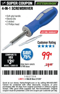 Harbor Freight Coupon 4-IN-1 SCREWDRIVER Lot No. 39631/69470/61988 Expired: 2/7/20 - $0.99