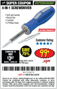 Harbor Freight Coupon 4-IN-1 SCREWDRIVER Lot No. 39631/69470/61988 Expired: 6/30/20 - $0.99