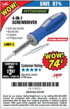 Harbor Freight Coupon 4-IN-1 SCREWDRIVER Lot No. 39631/69470/61988 Expired: 3/22/20 - $0.74