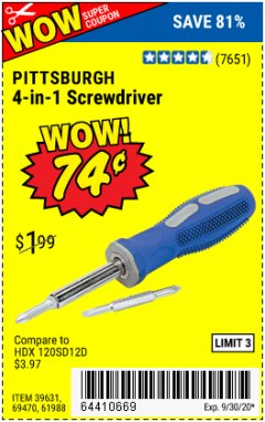 Harbor Freight Coupon 4-IN-1 SCREWDRIVER Lot No. 39631/69470/61988 Expired: 9/30/20 - $0.74