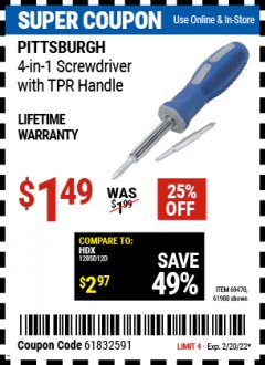 Harbor Freight Coupon 4-IN-1 SCREWDRIVER Lot No. 39631/69470/61988 Expired: 2/20/22 - $1.49