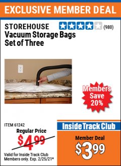 Harbor Freight ITC Coupon STOREHOUSE REUSABLE VACUUM STORAGE BAGS, 3- PACK Lot No. 61242 Expired: 2/25/21 - $3.99