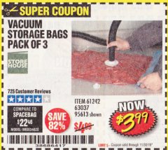 Harbor Freight Coupon STOREHOUSE REUSABLE VACUUM STORAGE BAGS, 3- PACK Lot No. 61242 Expired: 11/30/19 - $3.99
