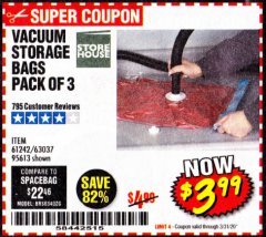 Harbor Freight Coupon STOREHOUSE REUSABLE VACUUM STORAGE BAGS, 3- PACK Lot No. 61242 Expired: 3/31/20 - $3.99
