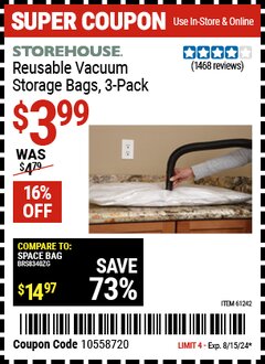Harbor Freight Coupon STOREHOUSE REUSABLE VACUUM STORAGE BAGS, 3- PACK Lot No. 61242 Expired: 8/15/24 - $3.99