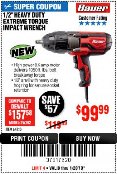 Harbor Freight Coupon BAUER 1/2" EXTREME TORQUE CORDED IMPACT WRENCH Lot No. 64120 Expired: 1/20/19 - $99.99