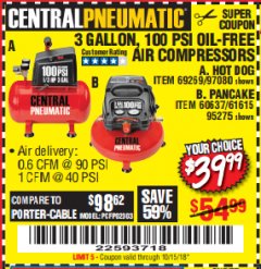 Harbor Freight Coupon 3 GALLON, 100 PSI OILLESS AIR COMPRESSORS Lot No. 69269/97080/60637/61615/95275 Expired: 10/15/18 - $39.99