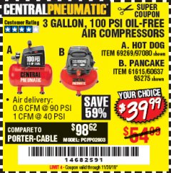 Harbor Freight Coupon 3 GALLON, 100 PSI OILLESS AIR COMPRESSORS Lot No. 69269/97080/60637/61615/95275 Expired: 11/30/18 - $39.99