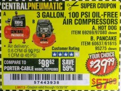 Harbor Freight Coupon 3 GALLON, 100 PSI OILLESS AIR COMPRESSORS Lot No. 69269/97080/60637/61615/95275 Expired: 10/30/18 - $39.99
