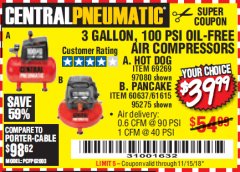 Harbor Freight Coupon 3 GALLON, 100 PSI OILLESS AIR COMPRESSORS Lot No. 69269/97080/60637/61615/95275 Expired: 11/15/18 - $39.99