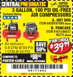 Harbor Freight Coupon 3 GALLON, 100 PSI OILLESS AIR COMPRESSORS Lot No. 69269/97080/60637/61615/95275 Expired: 12/10/18 - $39.99