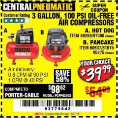 Harbor Freight Coupon 3 GALLON, 100 PSI OILLESS AIR COMPRESSORS Lot No. 69269/97080/60637/61615/95275 Expired: 12/17/18 - $39.99