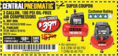 Harbor Freight Coupon 3 GALLON, 100 PSI OILLESS AIR COMPRESSORS Lot No. 69269/97080/60637/61615/95275 Expired: 11/3/18 - $39.99