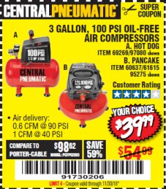 Harbor Freight Coupon 3 GALLON, 100 PSI OILLESS AIR COMPRESSORS Lot No. 69269/97080/60637/61615/95275 Expired: 11/30/18 - $39.99
