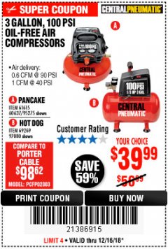 Harbor Freight Coupon 3 GALLON, 100 PSI OILLESS AIR COMPRESSORS Lot No. 69269/97080/60637/61615/95275 Expired: 12/16/18 - $39.99