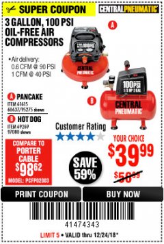 Harbor Freight Coupon 3 GALLON, 100 PSI OILLESS AIR COMPRESSORS Lot No. 69269/97080/60637/61615/95275 Expired: 12/24/18 - $39.99