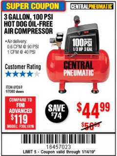 Harbor Freight Coupon 3 GALLON, 100 PSI OILLESS AIR COMPRESSORS Lot No. 69269/97080/60637/61615/95275 Expired: 1/14/19 - $44.99