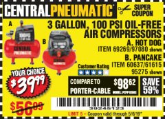Harbor Freight Coupon 3 GALLON, 100 PSI OILLESS AIR COMPRESSORS Lot No. 69269/97080/60637/61615/95275 Expired: 5/6/19 - $39.99