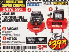 Harbor Freight Coupon 3 GALLON, 100 PSI OILLESS AIR COMPRESSORS Lot No. 69269/97080/60637/61615/95275 Expired: 5/31/19 - $39.99