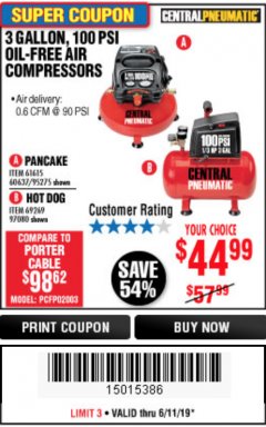Harbor Freight Coupon 3 GALLON, 100 PSI OILLESS AIR COMPRESSORS Lot No. 69269/97080/60637/61615/95275 Expired: 6/11/19 - $44.99