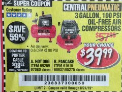 Harbor Freight Coupon 3 GALLON, 100 PSI OILLESS AIR COMPRESSORS Lot No. 69269/97080/60637/61615/95275 Expired: 8/24/19 - $39.99