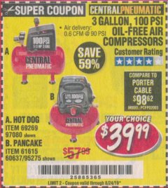Harbor Freight Coupon 3 GALLON, 100 PSI OILLESS AIR COMPRESSORS Lot No. 69269/97080/60637/61615/95275 Expired: 8/24/19 - $39.99