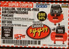 Harbor Freight Coupon 3 GALLON, 100 PSI OILLESS AIR COMPRESSORS Lot No. 69269/97080/60637/61615/95275 Expired: 7/31/19 - $44.99