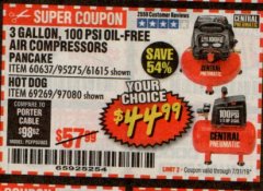 Harbor Freight Coupon 3 GALLON, 100 PSI OILLESS AIR COMPRESSORS Lot No. 69269/97080/60637/61615/95275 Expired: 7/31/19 - $44.99