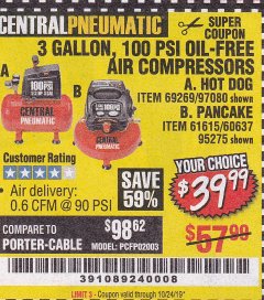 Harbor Freight Coupon 3 GALLON, 100 PSI OILLESS AIR COMPRESSORS Lot No. 69269/97080/60637/61615/95275 Expired: 10/24/19 - $39.99