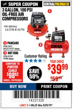 Harbor Freight Coupon 3 GALLON, 100 PSI OILLESS AIR COMPRESSORS Lot No. 69269/97080/60637/61615/95275 Expired: 8/25/19 - $39.99