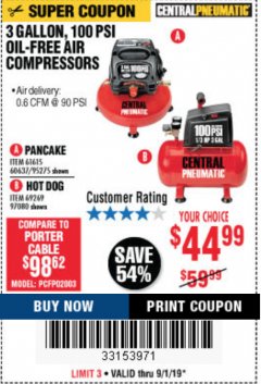Harbor Freight Coupon 3 GALLON, 100 PSI OILLESS AIR COMPRESSORS Lot No. 69269/97080/60637/61615/95275 Expired: 9/1/19 - $44.99