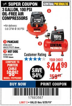 Harbor Freight Coupon 3 GALLON, 100 PSI OILLESS AIR COMPRESSORS Lot No. 69269/97080/60637/61615/95275 Expired: 9/29/19 - $44.99