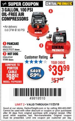 Harbor Freight Coupon 3 GALLON, 100 PSI OILLESS AIR COMPRESSORS Lot No. 69269/97080/60637/61615/95275 Expired: 11/23/19 - $39.99