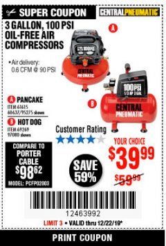 Harbor Freight Coupon 3 GALLON, 100 PSI OILLESS AIR COMPRESSORS Lot No. 69269/97080/60637/61615/95275 Expired: 12/22/19 - $39.99