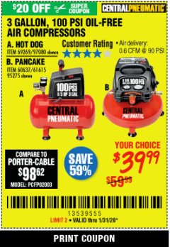 Harbor Freight Coupon 3 GALLON, 100 PSI OILLESS AIR COMPRESSORS Lot No. 69269/97080/60637/61615/95275 Expired: 1/31/20 - $39.99