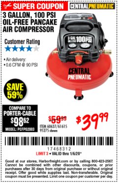 Harbor Freight Coupon 3 GALLON, 100 PSI OILLESS AIR COMPRESSORS Lot No. 69269/97080/60637/61615/95275 Expired: 1/6/20 - $39.99