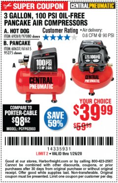 Harbor Freight Coupon 3 GALLON, 100 PSI OILLESS AIR COMPRESSORS Lot No. 69269/97080/60637/61615/95275 Expired: 1/26/20 - $39.99