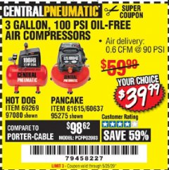Harbor Freight Coupon 3 GALLON, 100 PSI OILLESS AIR COMPRESSORS Lot No. 69269/97080/60637/61615/95275 Expired: 6/30/20 - $39.99