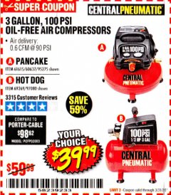 Harbor Freight Coupon 3 GALLON, 100 PSI OILLESS AIR COMPRESSORS Lot No. 69269/97080/60637/61615/95275 Expired: 3/31/20 - $39.99