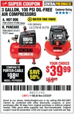 Harbor Freight Coupon 3 GALLON, 100 PSI OILLESS AIR COMPRESSORS Lot No. 69269/97080/60637/61615/95275 Expired: 2/23/20 - $39.99