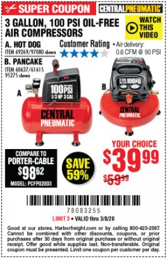 Harbor Freight Coupon 3 GALLON, 100 PSI OILLESS AIR COMPRESSORS Lot No. 69269/97080/60637/61615/95275 Expired: 3/8/20 - $39.99