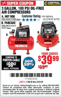 Harbor Freight Coupon 3 GALLON, 100 PSI OILLESS AIR COMPRESSORS Lot No. 69269/97080/60637/61615/95275 Expired: 3/22/20 - $39.99