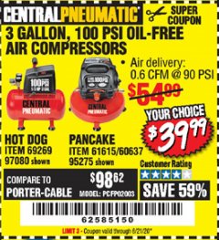 Harbor Freight Coupon 3 GALLON, 100 PSI OILLESS AIR COMPRESSORS Lot No. 69269/97080/60637/61615/95275 Expired: 6/21/20 - $39.99