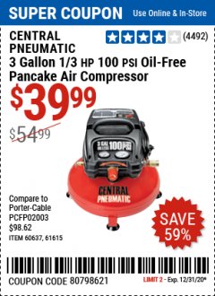 Harbor Freight Coupon 3 GALLON, 100 PSI OILLESS AIR COMPRESSORS Lot No. 69269/97080/60637/61615/95275 Expired: 12/31/20 - $39.99