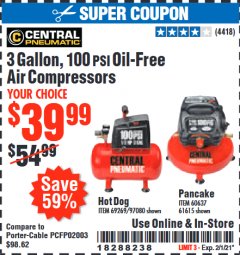 Harbor Freight Coupon 3 GALLON, 100 PSI OILLESS AIR COMPRESSORS Lot No. 69269/97080/60637/61615/95275 Expired: 2/1/21 - $39.99