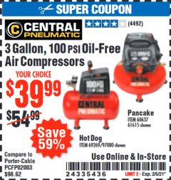 Harbor Freight Coupon 3 GALLON, 100 PSI OILLESS AIR COMPRESSORS Lot No. 69269/97080/60637/61615/95275 Expired: 2/5/21 - $39.99