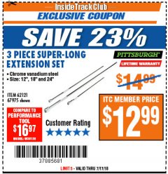 Harbor Freight ITC Coupon 3 PIECE SUPER-LONG EXTENSION SET Lot No. 62121/67975 Expired: 7/17/18 - $12.99